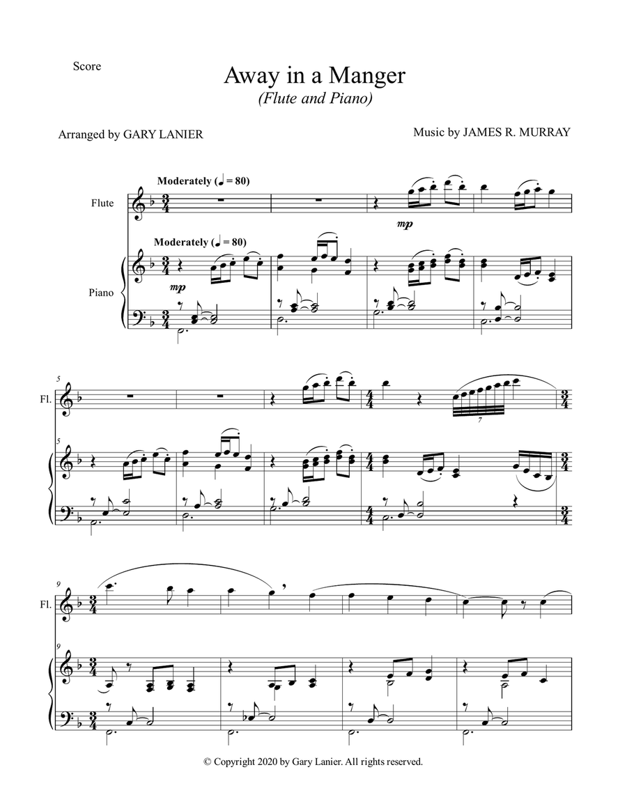 AWAY IN A MANGER, Flute and Piano (Score & Part included) - Arr. by Gary Lanier Flute Solo scores gallery preview page 2