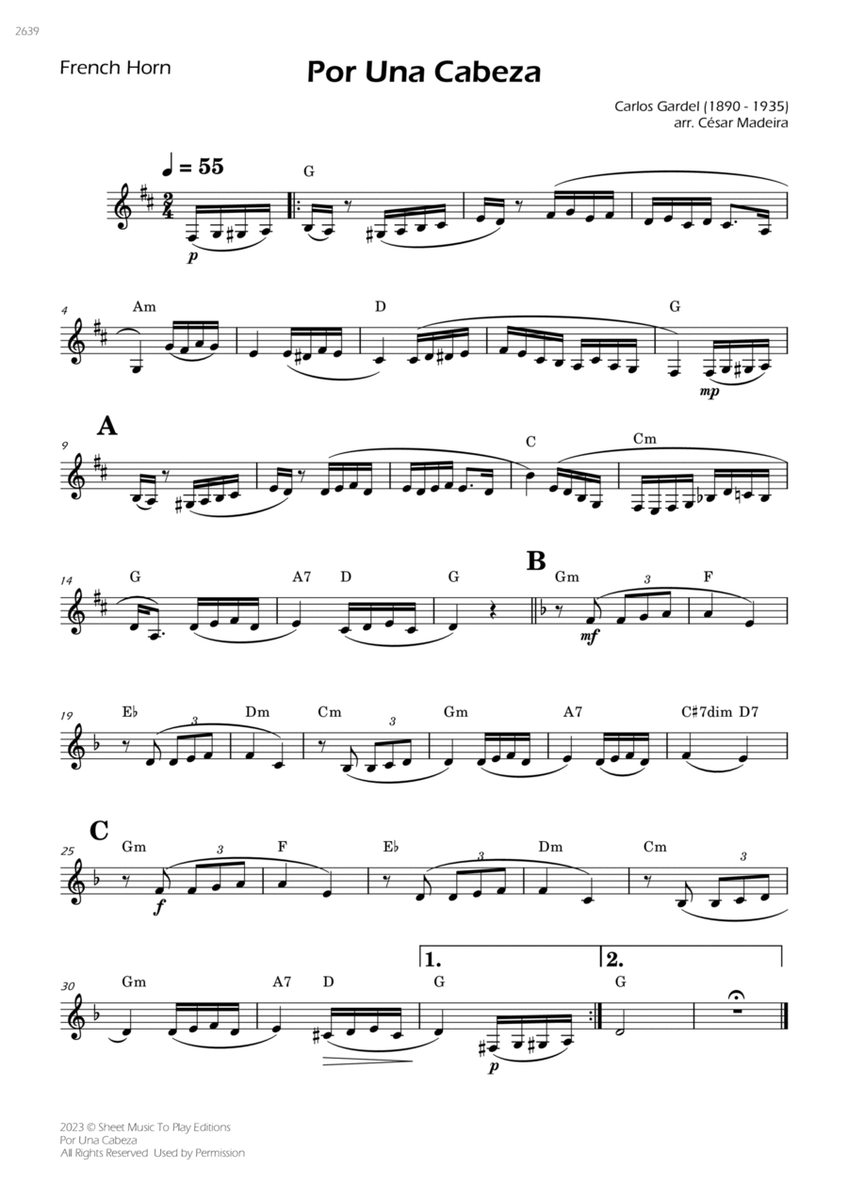 Por Una Cabeza - French Horn Solo - W/Chords image number null