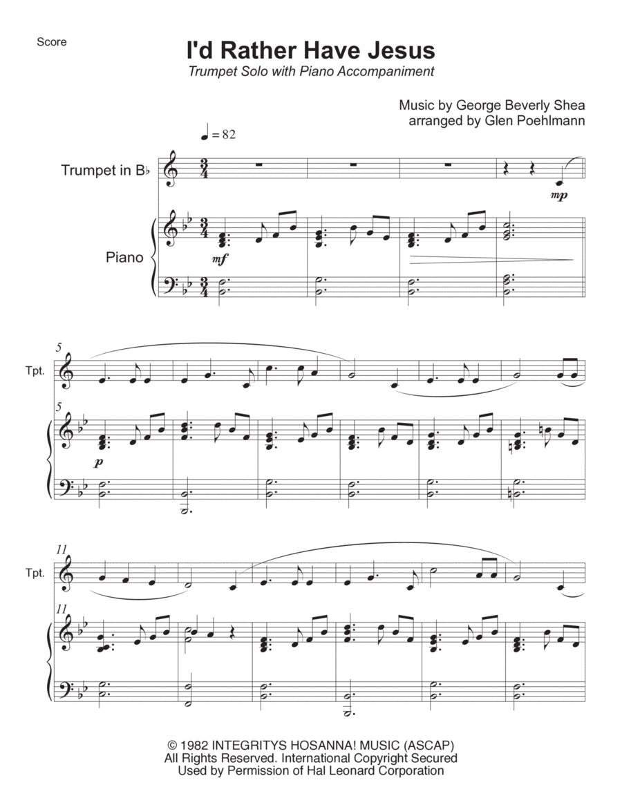 I'd Rather Have Jesus I'd Rather Have Jesus B-Flat Trumpet scores gallery preview page 1