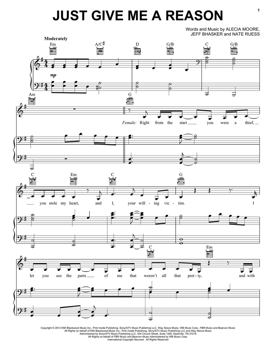 Just Give Me A Reason (feat. Nate Ruess) Piano, Vocal scores gallery preview page 1