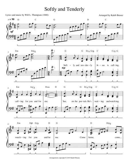 Softly and Tenderly - piano solo with lyrics and chords image number null