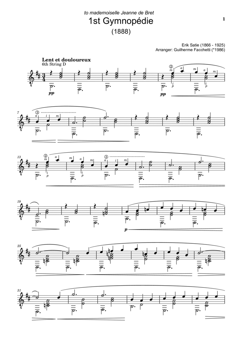 Erik Satie - 1st Gymnopédie. Arrangement for Classical Guitar image number null