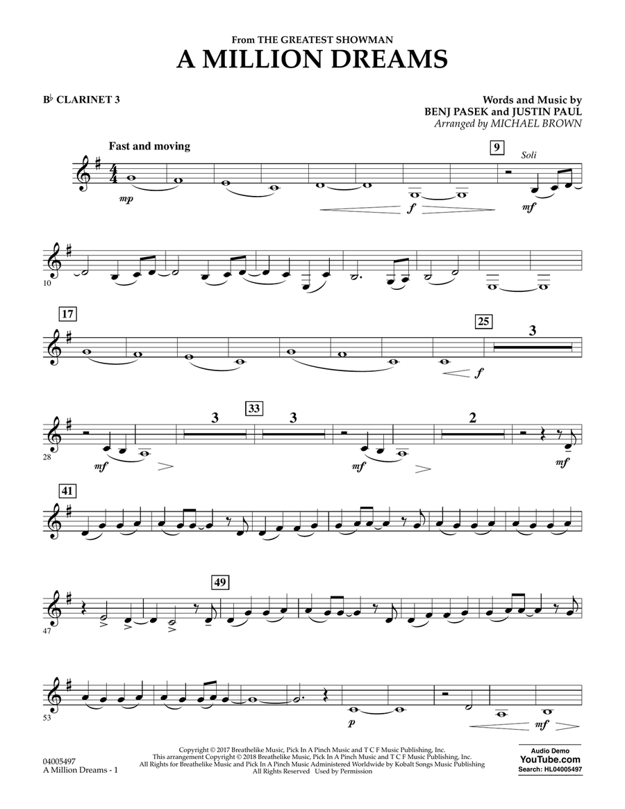 A Million Dreams (from The Greatest Showman) (arr. Michael Brown) - Bb Clarinet 3 Concert Band scores gallery preview page 1