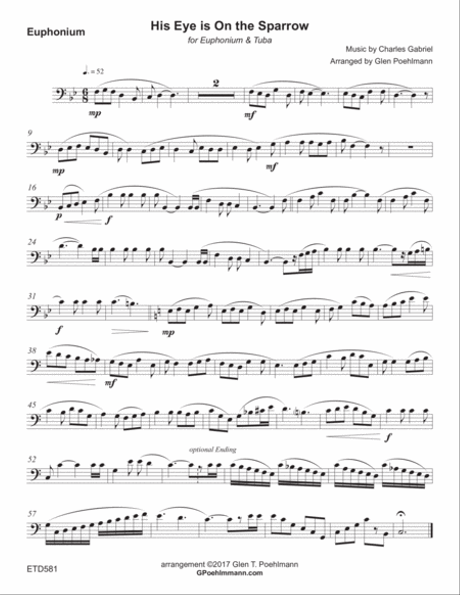 HIS EYE IS ON THE SPARROW - Duet for EUPHONIUM (Trombone) & TUBA Brass Duet scores gallery preview page 3