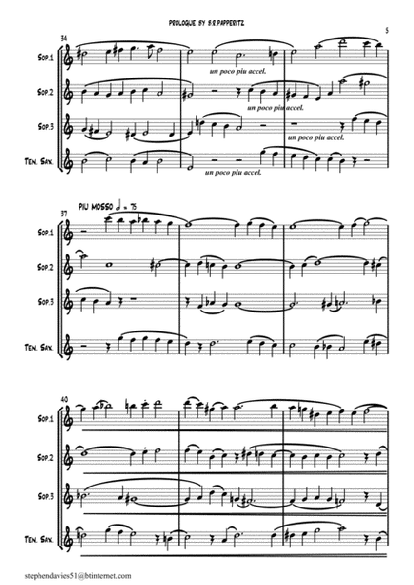 'Prologue' by Dr.Benjamin Robert Papperitz (1826-1903) for 3 Soprano Saxophones and 1 Tenor Saxophon image number null