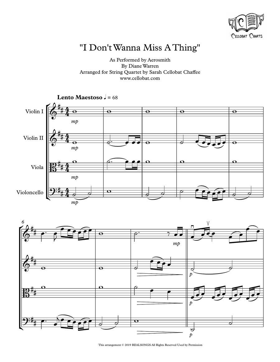 I Don't Want To Miss A Thing String Quartet scores gallery preview page 1