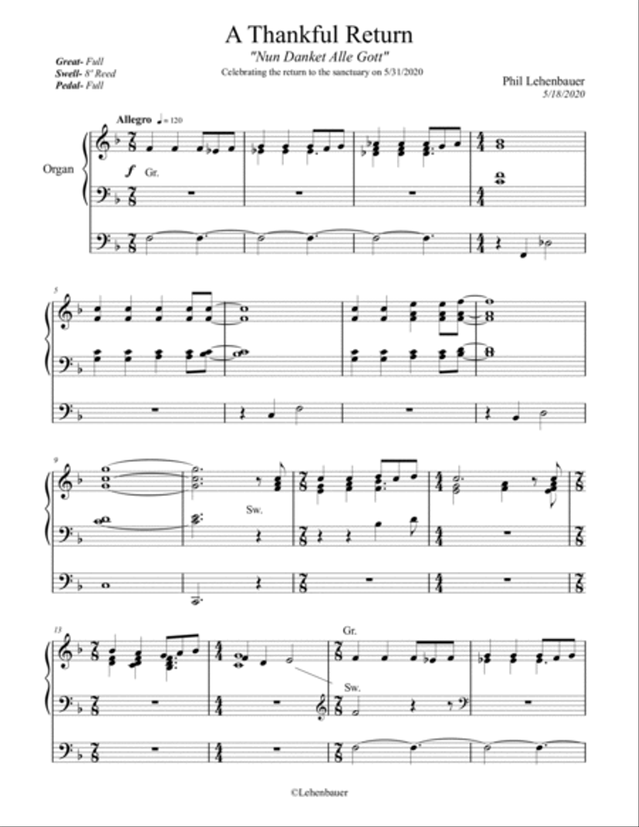 A Thankful Return (Nun Danket Alle Gott) organ work, by Phil Lehenbauer Organ Solo scores gallery preview page 2