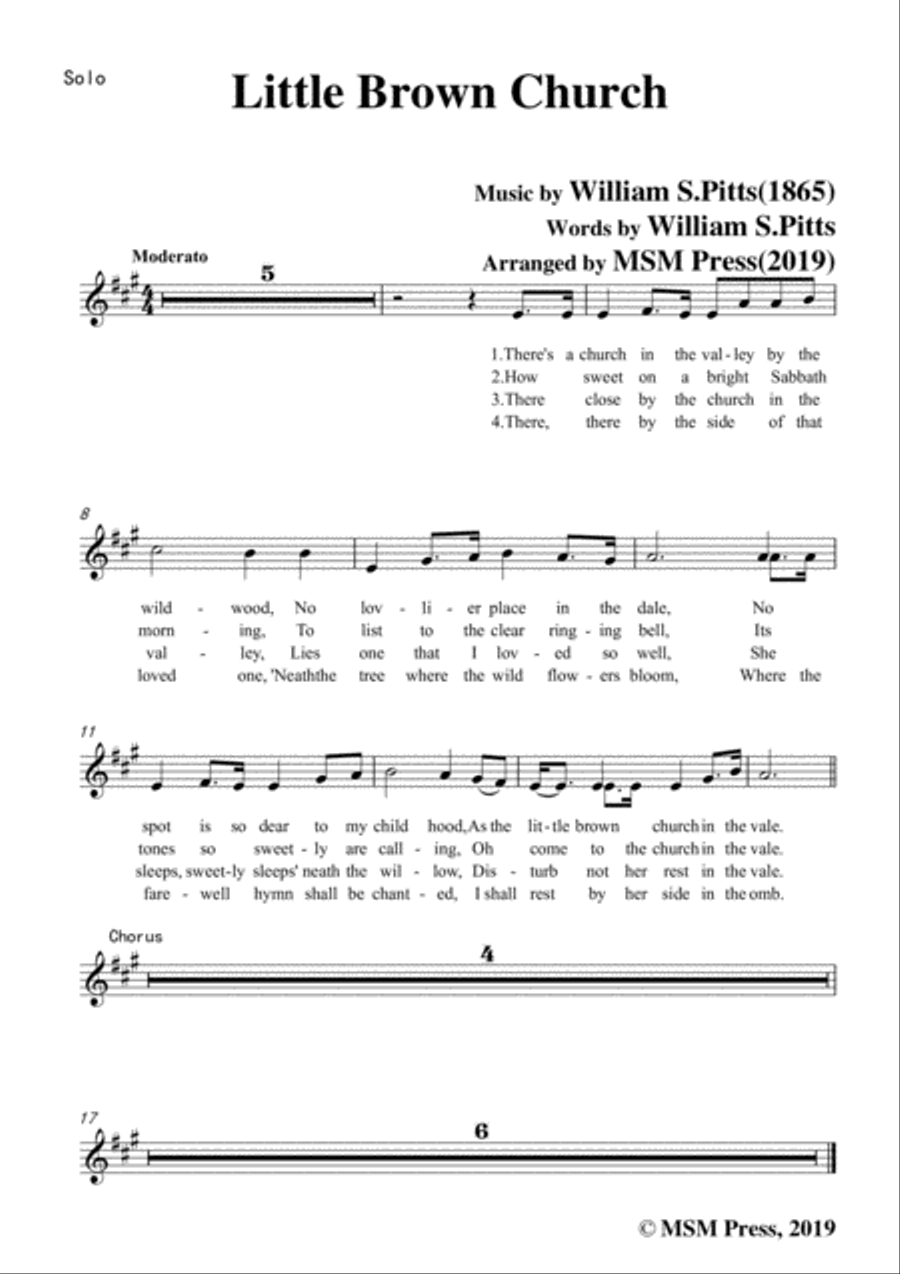 William S. Pitts-Little Brown Church,in A Major,for Voice and Piano image number null