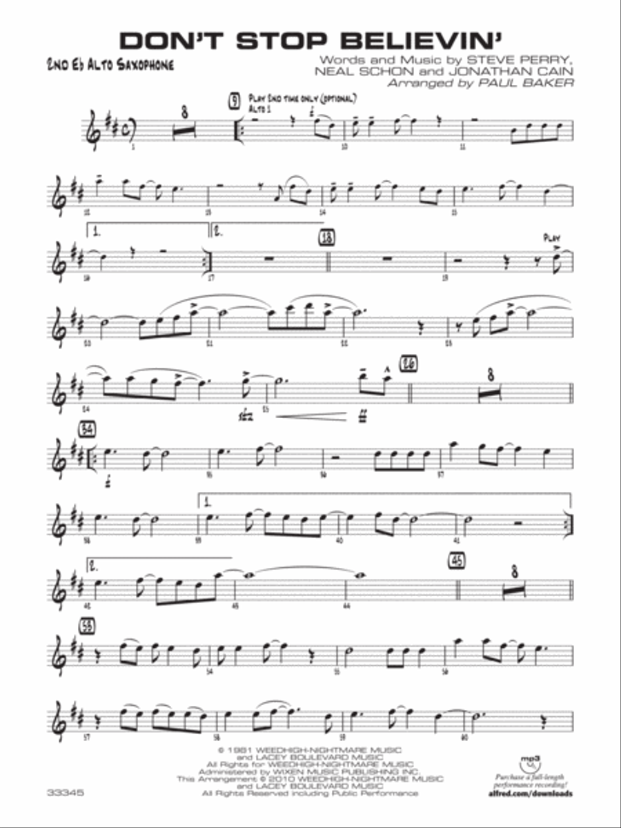 Don't Stop Believin': 2nd E-flat Alto Saxophone Jazz Ensemble scores gallery preview page 1