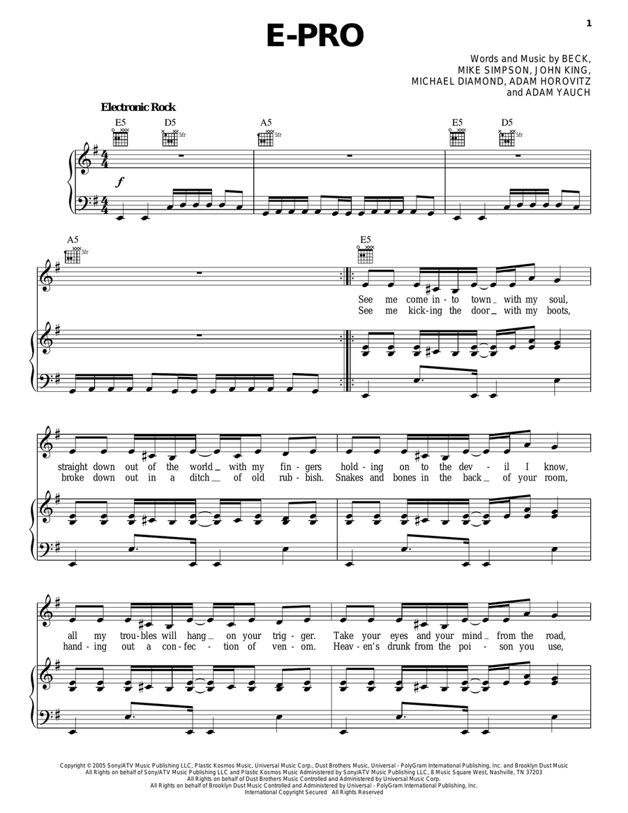 E-Pro Piano, Vocal, Guitar scores gallery preview page 1