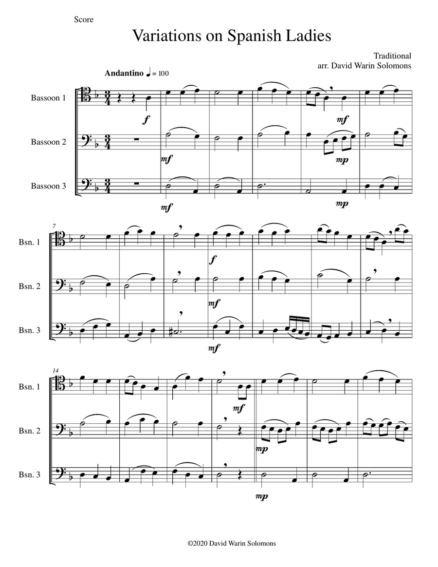 Variations on Spanish Ladies for 3 bassoons Bassoon Solo scores gallery preview page 1