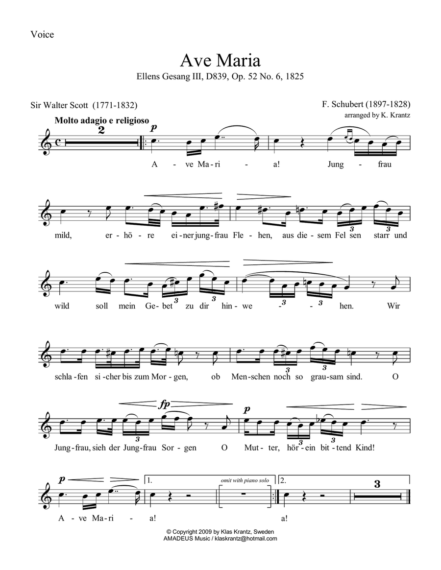 Ave Maria (Schubert) for piano solo (C major), with voice and lyrics part Piano Solo scores gallery preview page 3