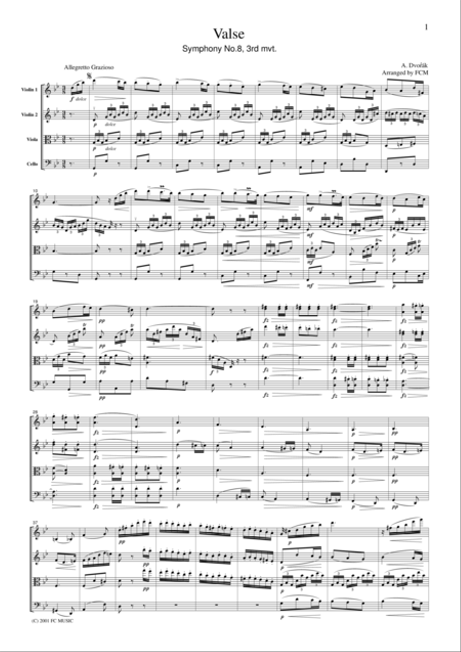 Dvorak Valse from Symphony No.8, 3rd mvt., for string quartet, CD202 String Quartet scores gallery preview page 1