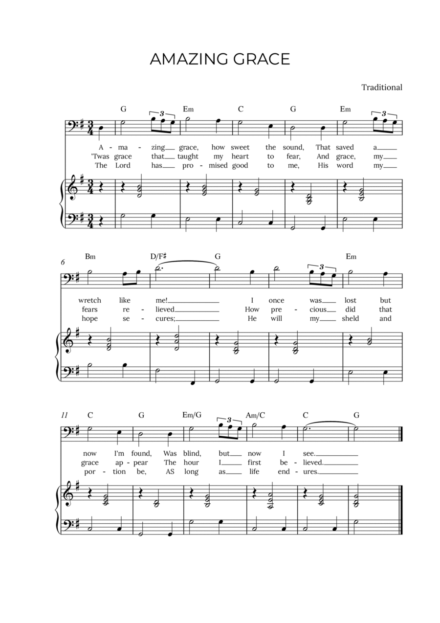 AMAZING GRACE - for piano and baritone in G major with chords Voice scores gallery preview page 1