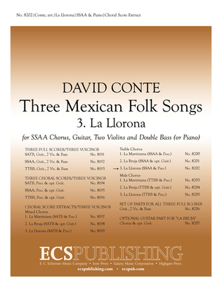Book cover for Three Mexican Folk Songs: 3. La Llorona (Piano/Choral Score)