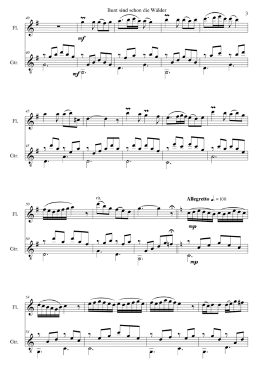 Bunt sind schon die Wälder (Woods in autumn colours) for flute and guitar Flute scores gallery preview page 3