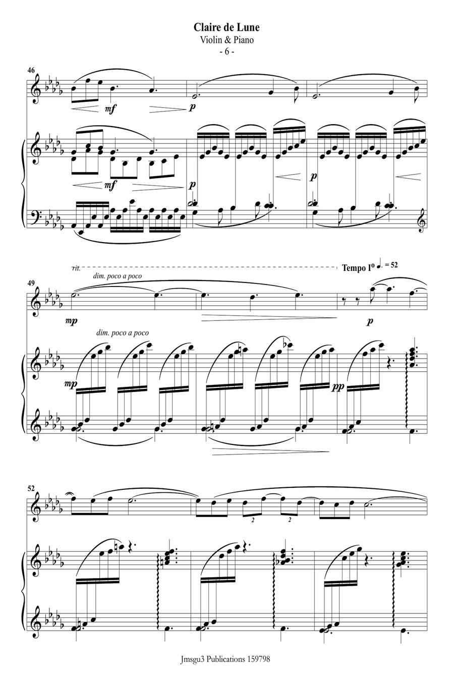 Debussy: Claire de Lune for Violin & Piano Violin Solo scores gallery preview page 6
