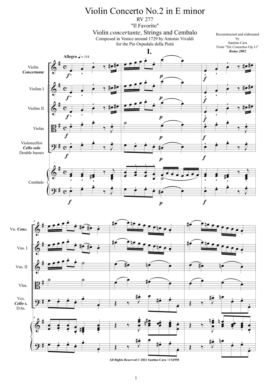 Vivaldi - Violin Concerto No.2 in E minor 'Il Favorito' RV 277 Op.11 for Violin, Strings and Cembalo Chamber Orchestra scores gallery preview page 1
