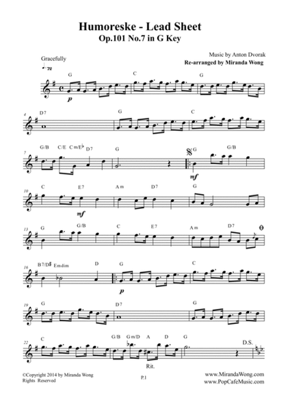 Humoreske Op.101 No.7 - Lead Sheet in G Key (Flute or Oboe Solo) image number null