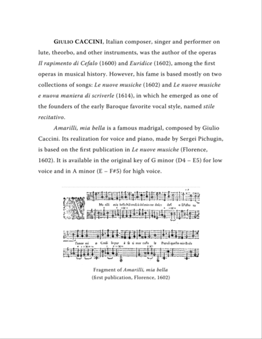 CACCINI Giulio: Amarilli, mia bella, aria, arranged for Voice and Piano (A minor) Small Ensemble scores gallery preview page 2