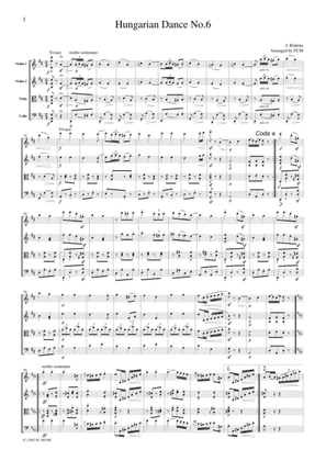Book cover for Brahms Hungarian Dance No.6, for string quartet, CB304