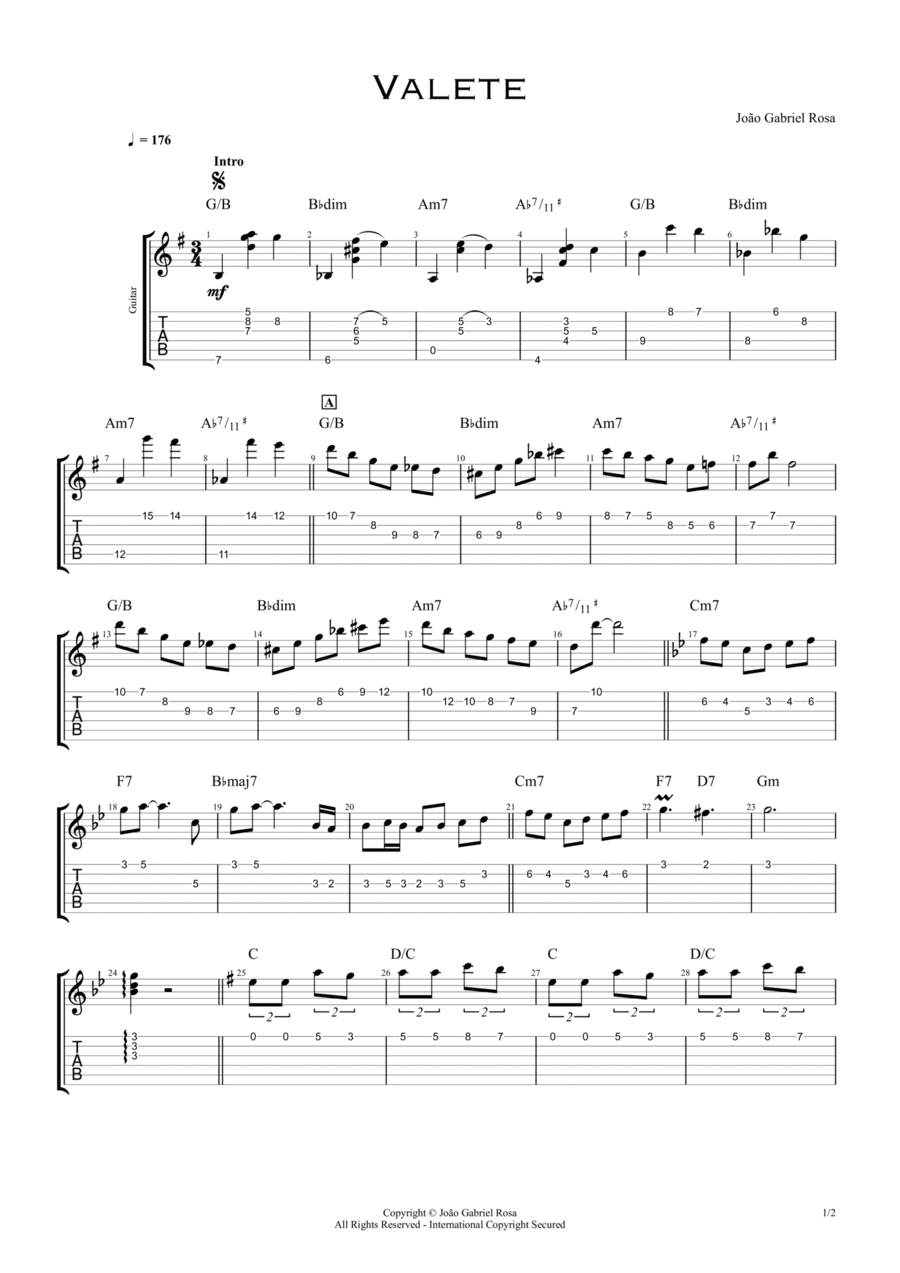 Valete (Guitar Melody) Guitar Tablature scores gallery preview page 1