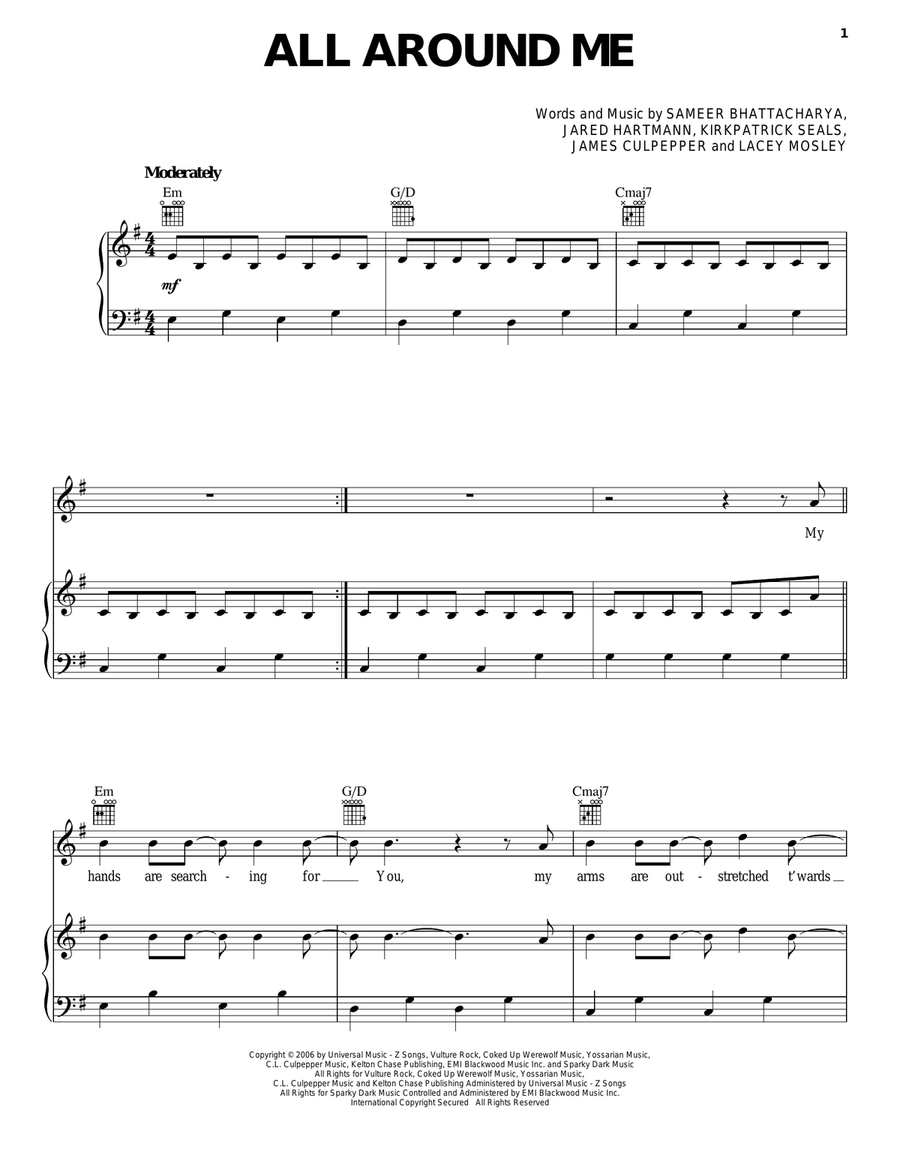 All Around Me Piano, Vocal, Guitar scores gallery preview page 1