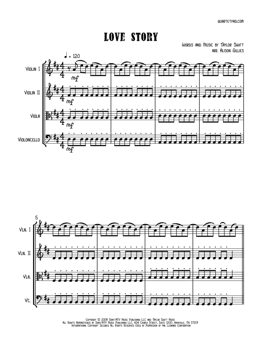 Love Story String Quartet scores gallery preview page 1
