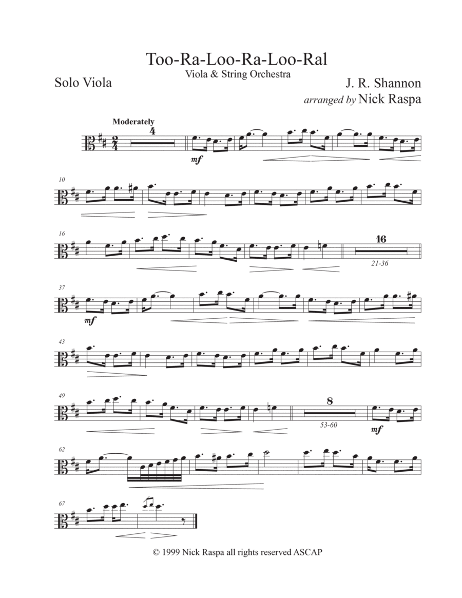 Too-ra-loo-ra-loo-ral, That's an Irish Lullaby (Viola & String Orchestra) Solo Viola part image number null