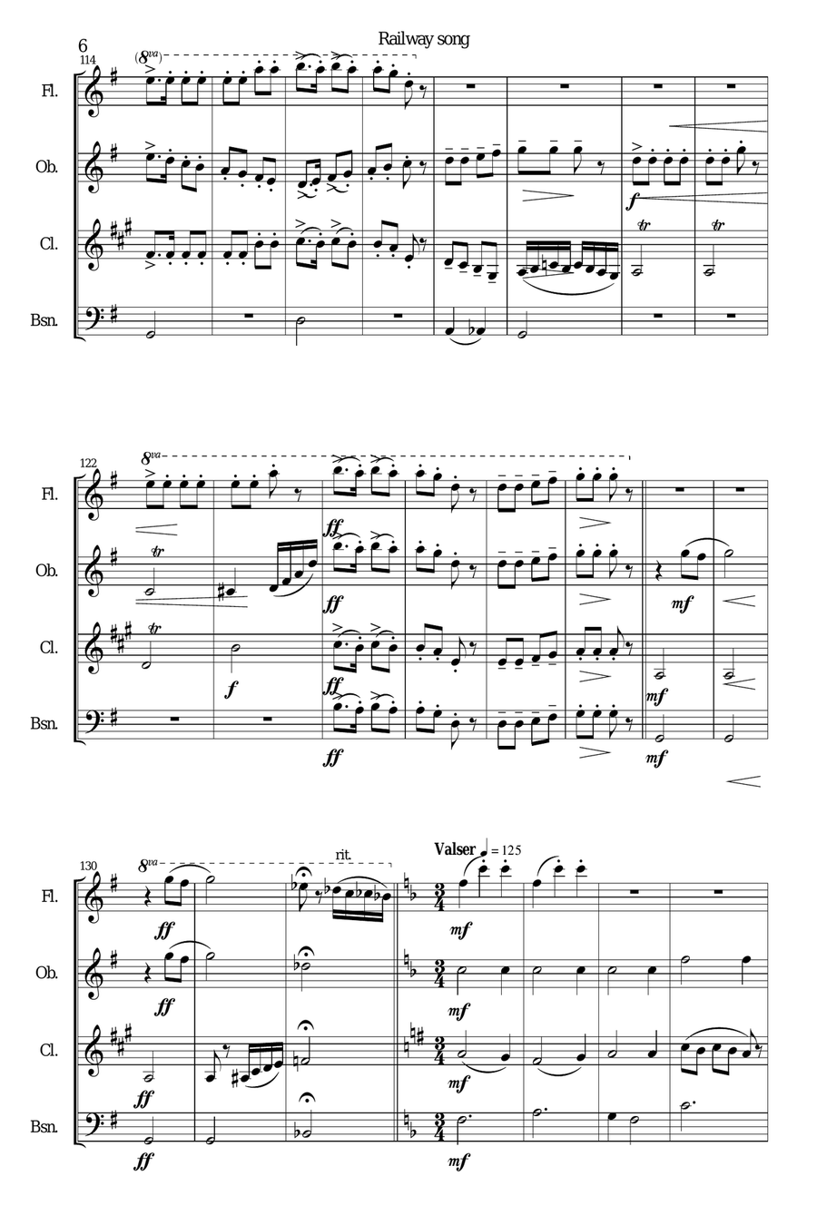 Railway Song (Auf de schwäb'sche Eisebahne) for wind quartet Woodwind Quartet scores gallery preview page 6