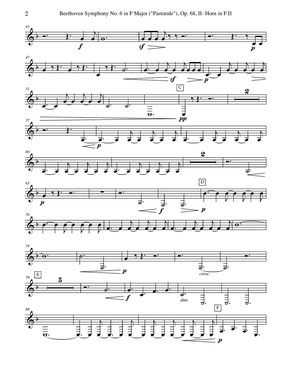 Beethoven Symphony No. 6, Pastorale, Movement II - Horn in F 2 (Transposed Part), Op. 68 Horn Solo scores gallery preview page 2