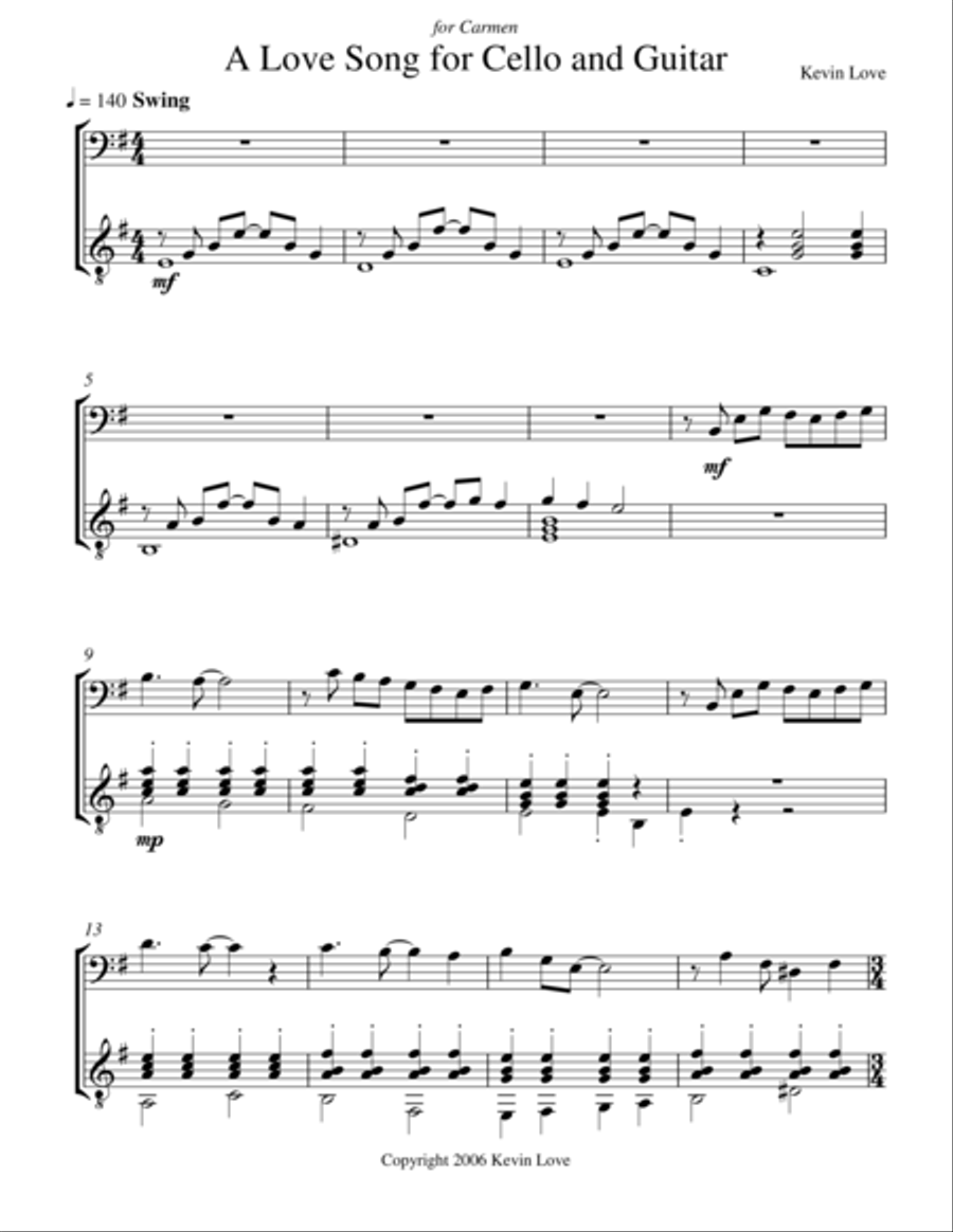 A Love Song for Cello and Guitar - Score and Parts String Duet scores gallery preview page 1