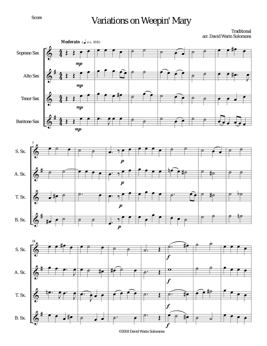 Variations on Weepin' Mary for saxophone quartet Saxophone Quartet scores gallery preview page 1