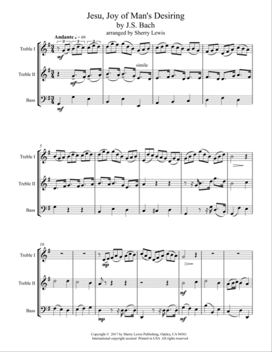 JESU, JOY OF MAN'S DESIRING, Trio, Intermediate Level for String Trio, woodwind trio, any combinatio Flute scores gallery preview page 4
