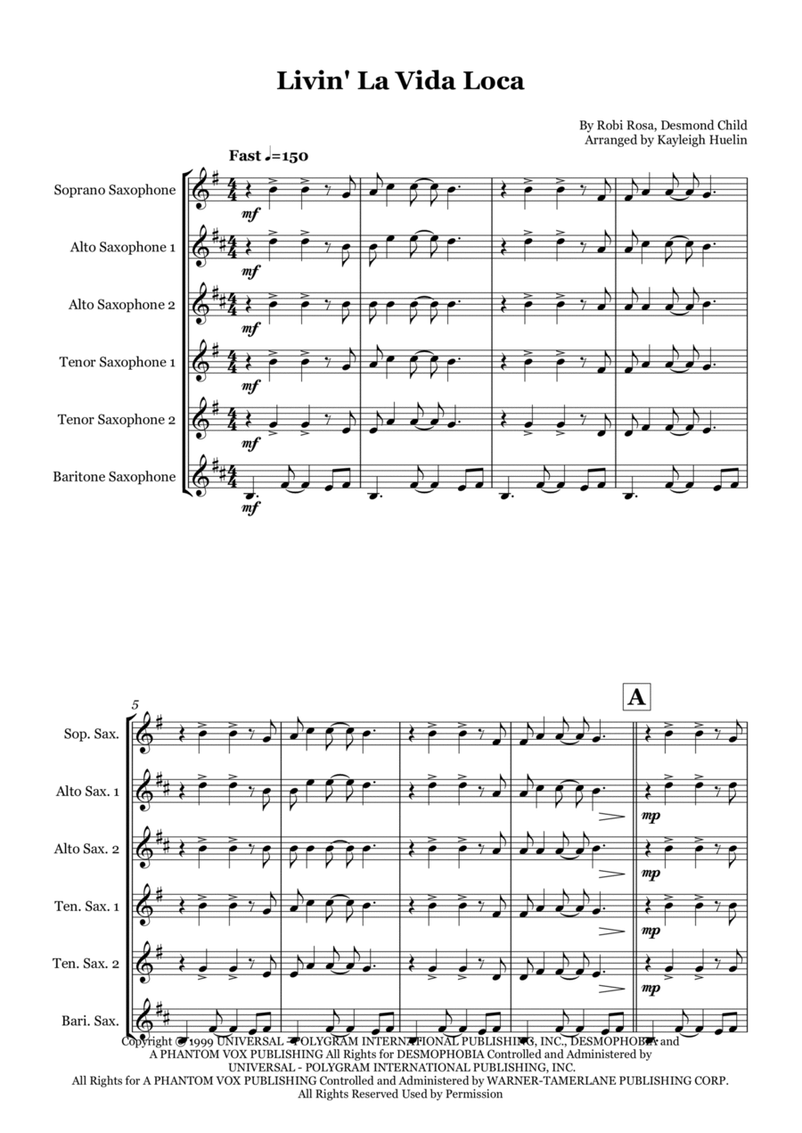 Livin' La Vida Loca Woodwind Ensemble scores gallery preview page 1