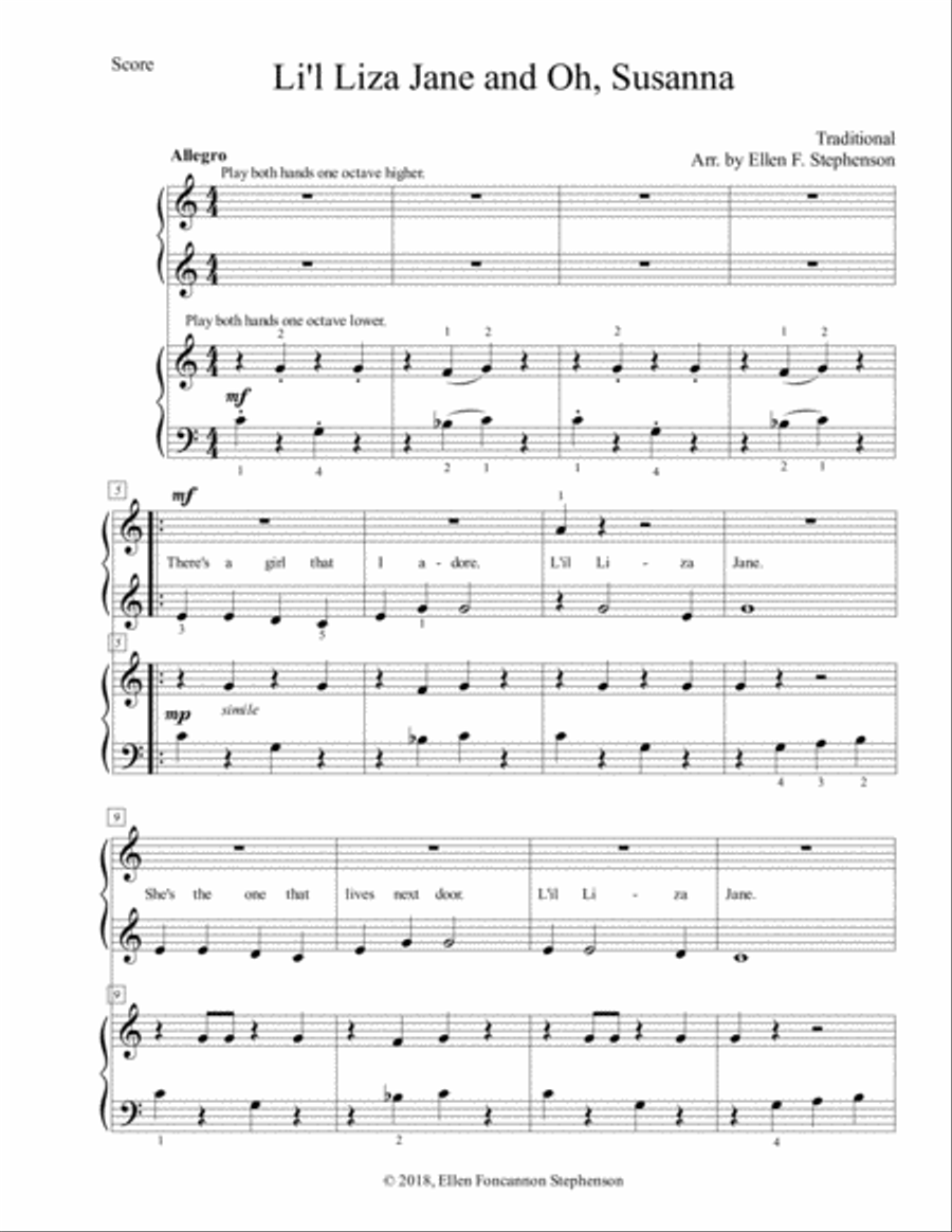 L'il Liza Jane and Oh, Susannah (EZ duet) Easy Piano scores gallery preview page 1