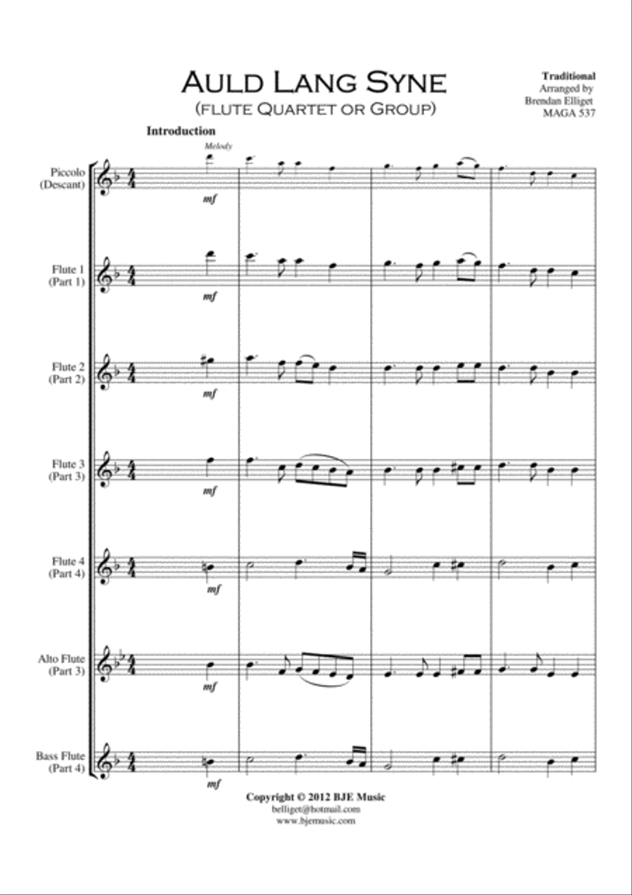 Auld Lang Syne - Flute Quartet or Group Score and Parts PDF Flute Quartet scores gallery preview page 2