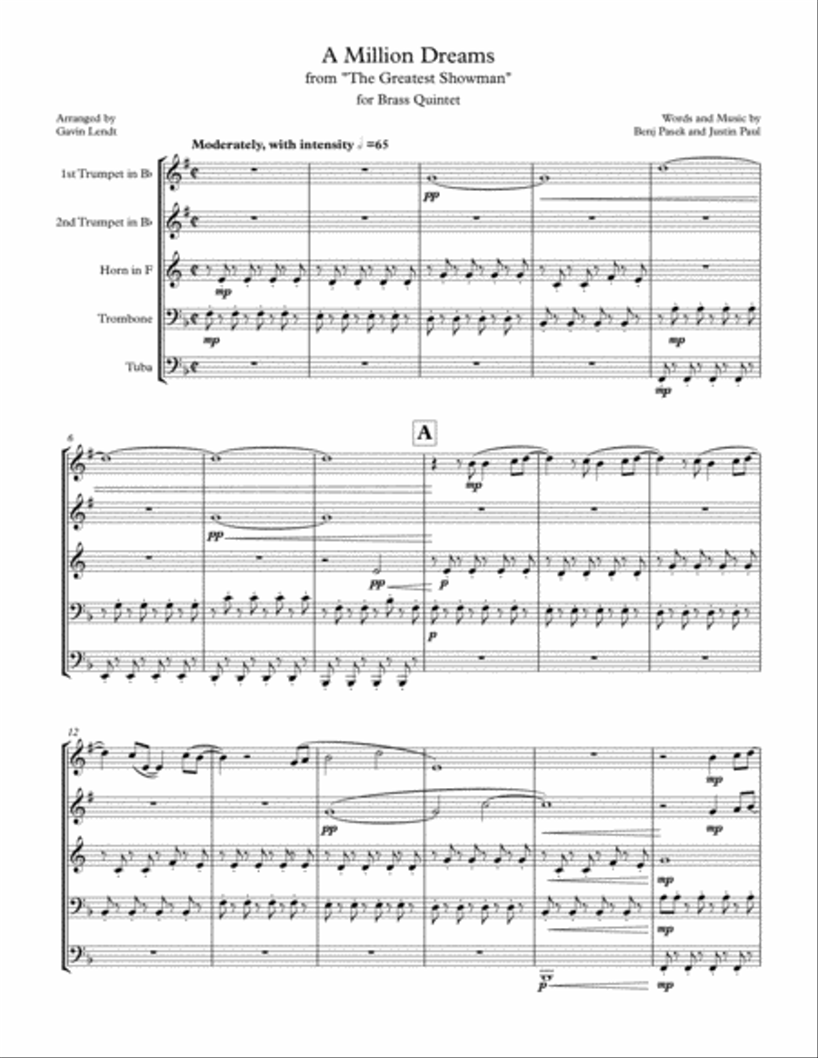 A Million Dreams Brass Ensemble scores gallery preview page 1
