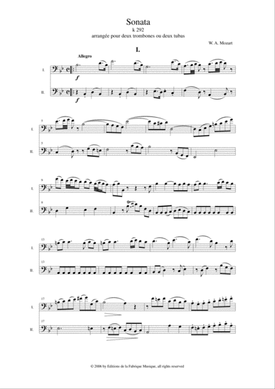 Wolfgang Amadeus Mozart: Sonata in Bb K. 292 for two trombones Trombone Duet scores gallery preview page 2