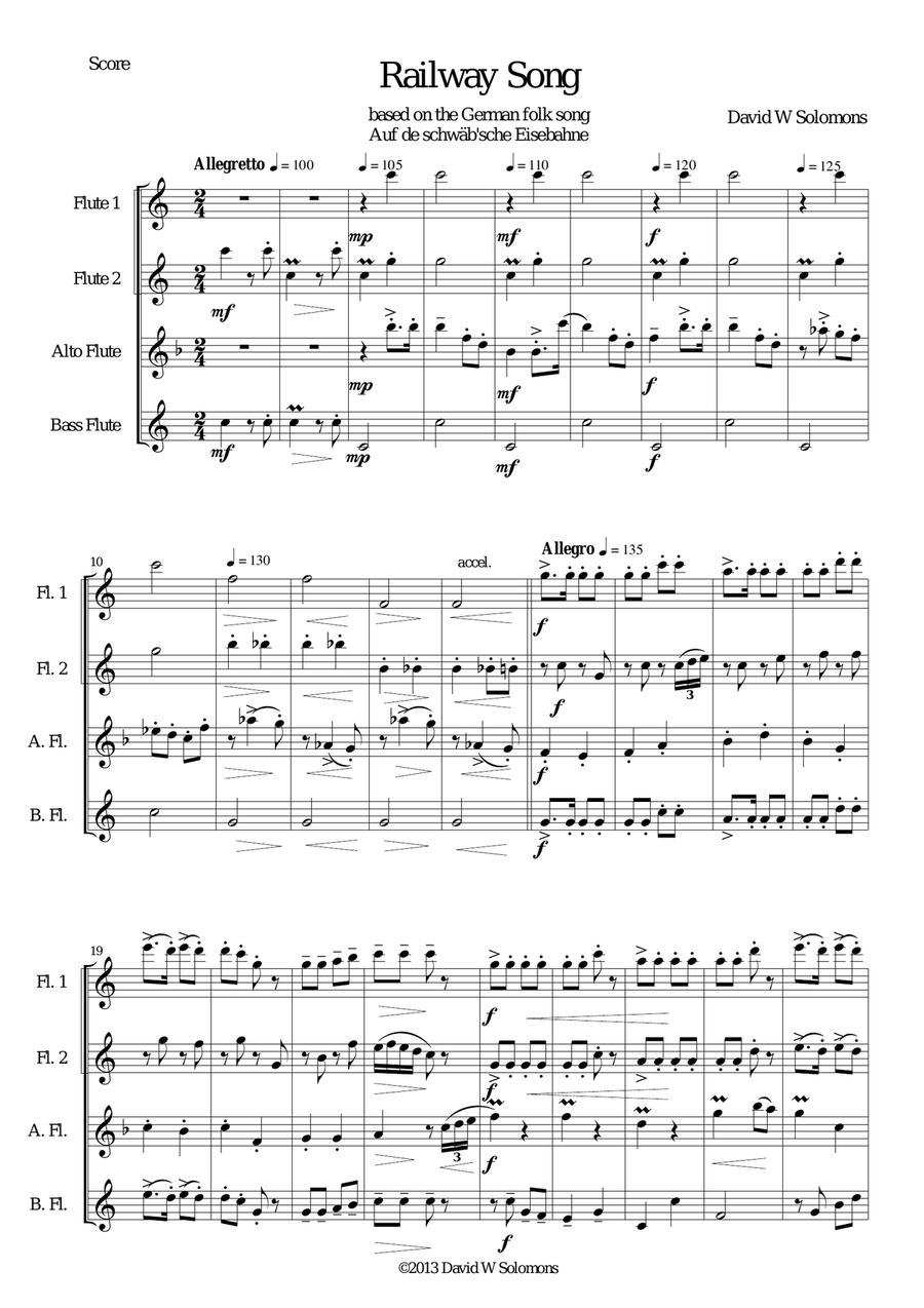 Railway Song (Auf de schwäb'sche Eisebahne) for 2 flutes, alto flute, bass flute Flute Duet scores gallery preview page 1