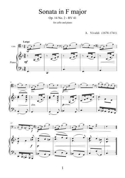 Sonata in F major Op.14 No.2 by Antonio Vivaldi for cello and piano