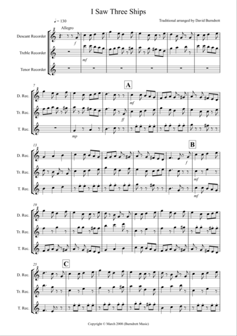 I Saw Three Ships for Recorder Trio Recorder scores gallery preview page 1