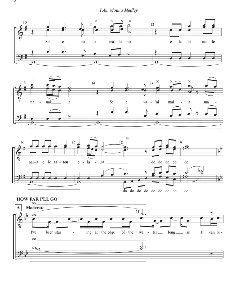 Medley: Tulou Tagaloa with How Far I'll Go, We Know The Way, I Am Moana (Song Of The Ancestors), ... 4-Part scores gallery preview page 2