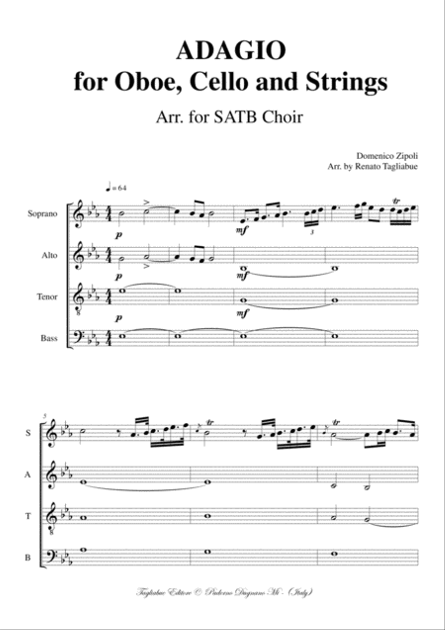 ADAGIO - for Oboe, Cello and Strings - D. Zipoli - Arr. for SATB Choir 4-Part scores gallery preview page 2