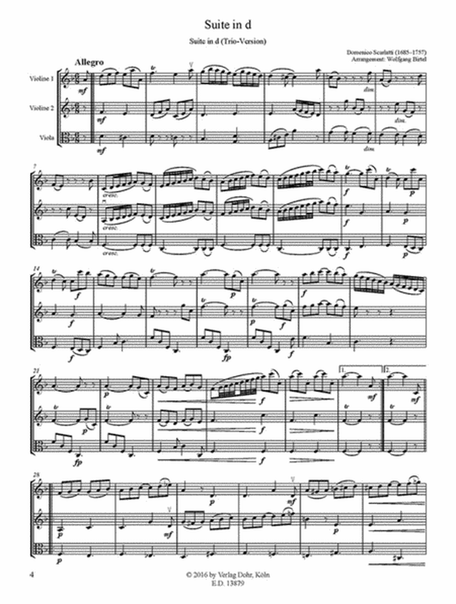 Suite in d für zwei Violonen und Viola (unter Benutzung der Sonaten K 9, K 64 und K 516)