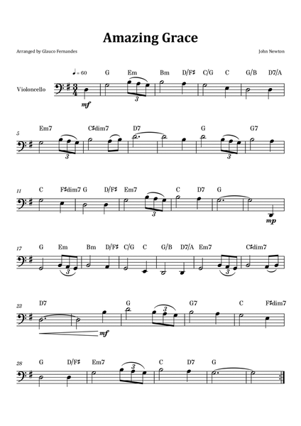 Amazing Grace - Cello Solo with Chord Notation image number null