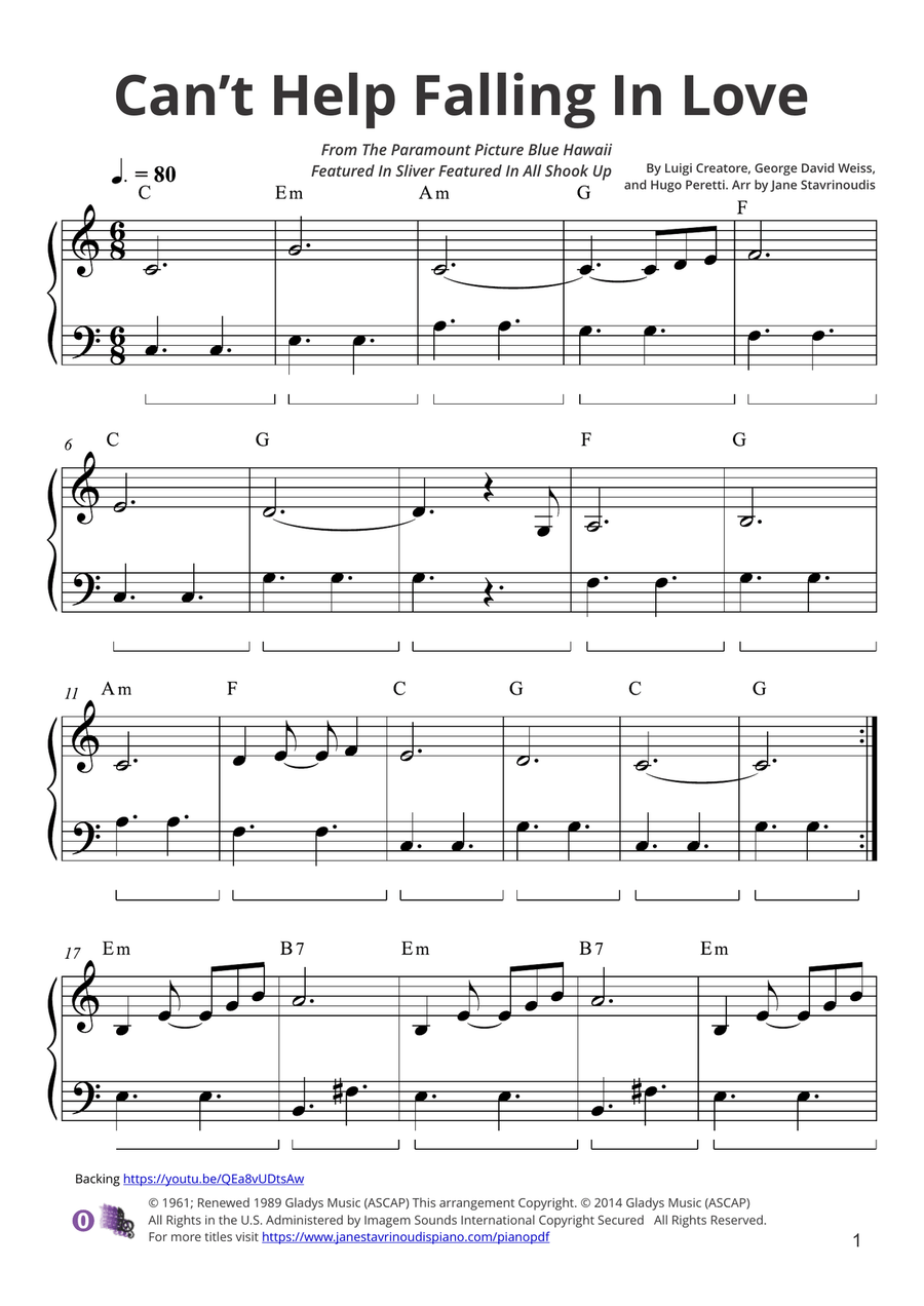 Can't Help Falling In Love Easy Piano scores gallery preview page 1