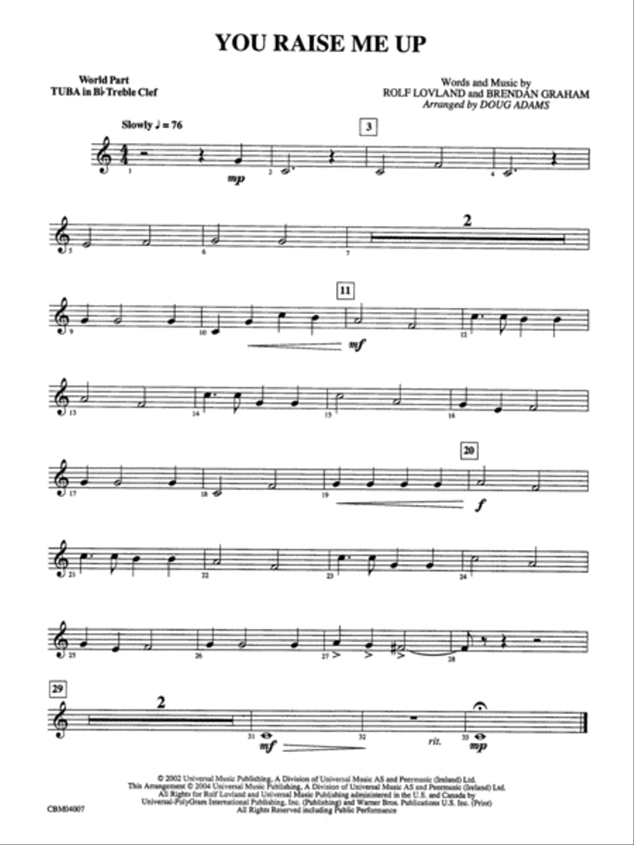 You Raise Me Up: WP B-flat Tuba T.C. Concert Band scores gallery preview page 1