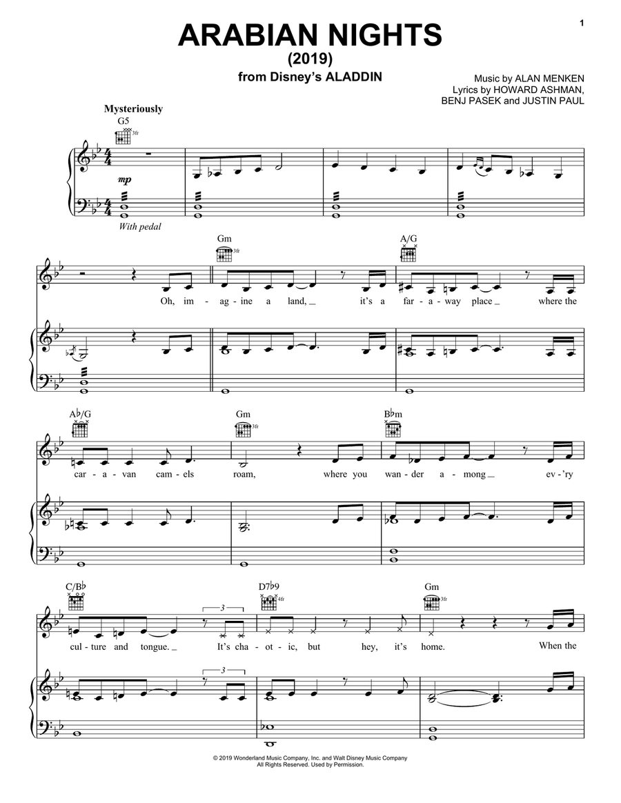 Arabian Nights (2019) (from Disney's Aladdin) Piano, Vocal, Guitar scores gallery preview page 1