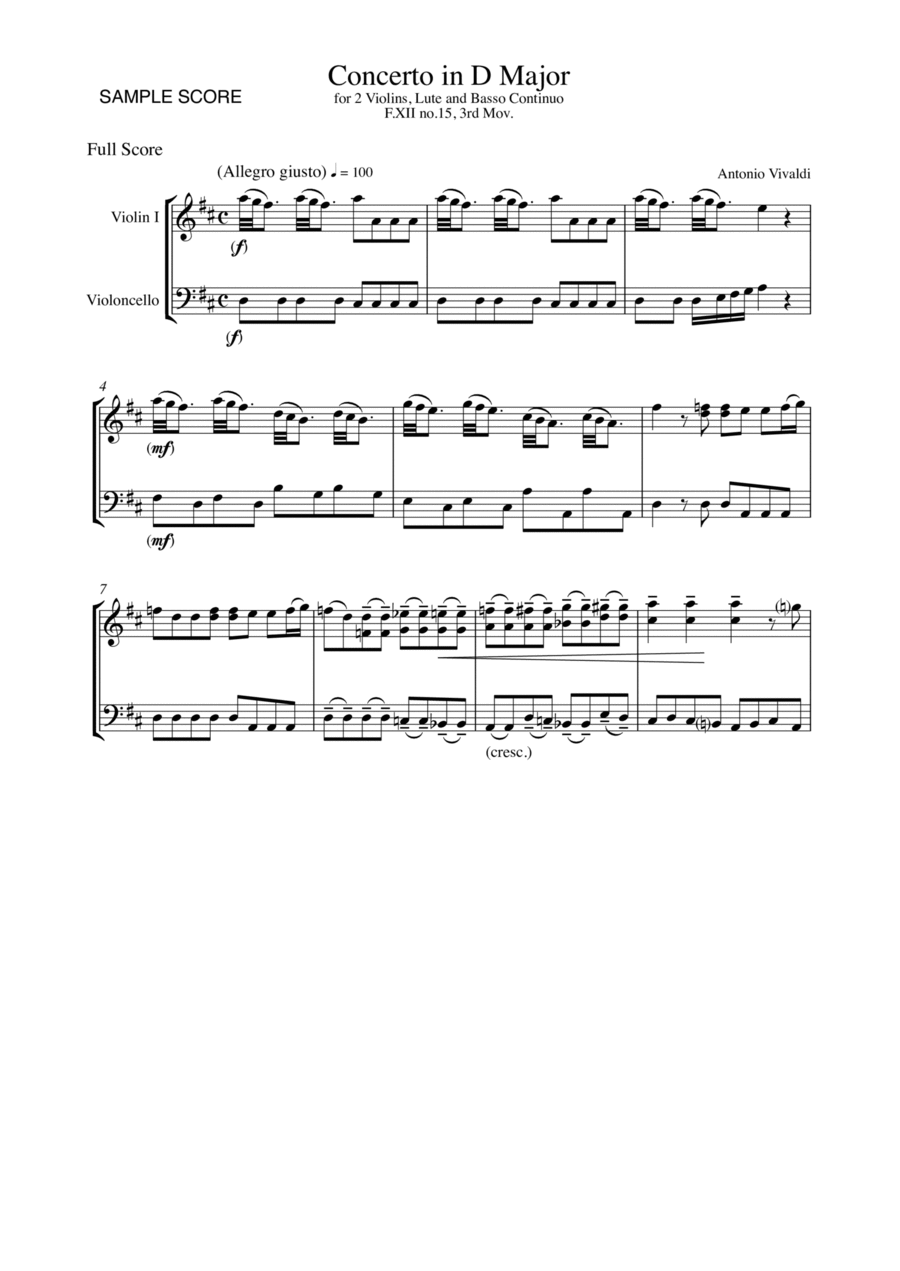 CONCERTO IN D MAJOR FOR 2 VIOLINS, LUTE AND BASSO CONTINUO, F.XII NO.15, 3rd Mov., STRING DUO String Duet scores gallery preview page 1